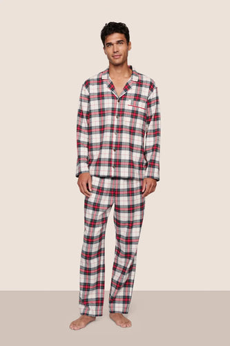 Eberjey Mens Flannel Long PJ Set - Tartan Plaid Ivory/Holly Red