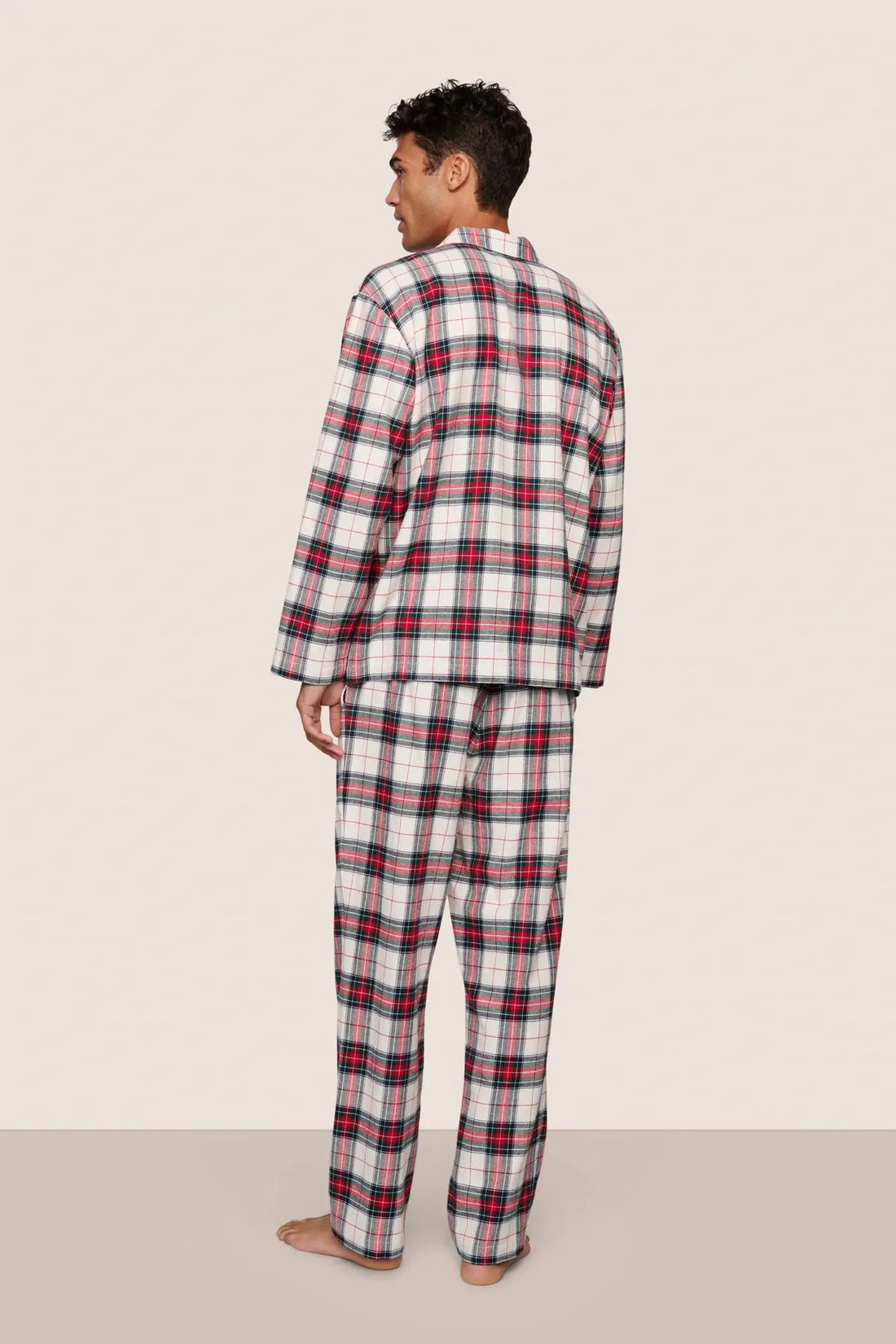 Eberjey Mens Flannel Long PJ Set - Tartan Plaid Ivory/Holly Red