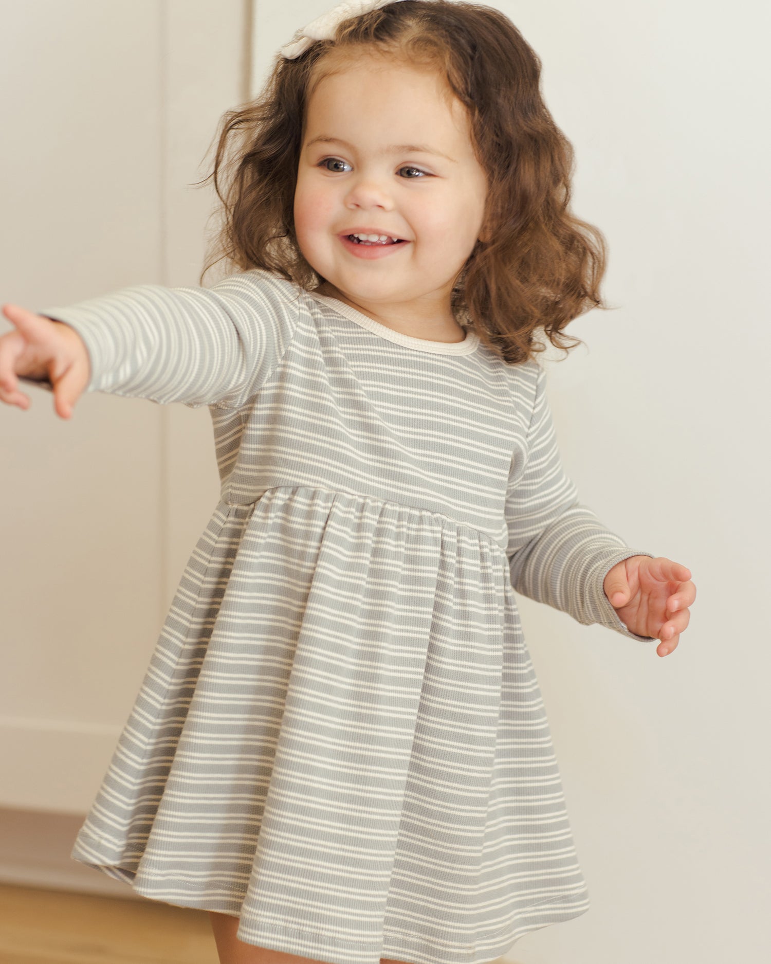 Quincy Mae Ribbed Long Sleeve Dress - Steel Blue Micro Stripe