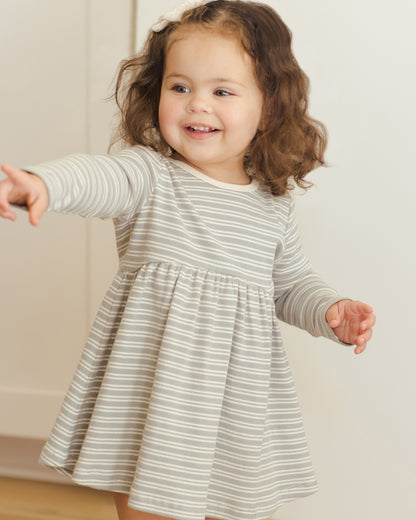 Quincy Mae Ribbed Long Sleeve Dress - Steel Blue Micro Stripe