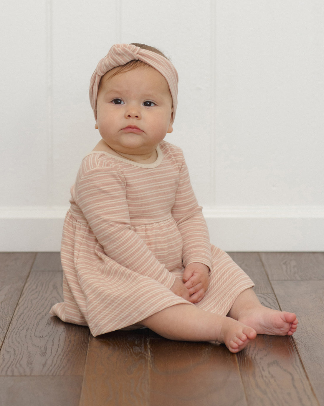 Quincy Mae Ribbed long Sleeve Dress - Dusty Rose Microstripe
