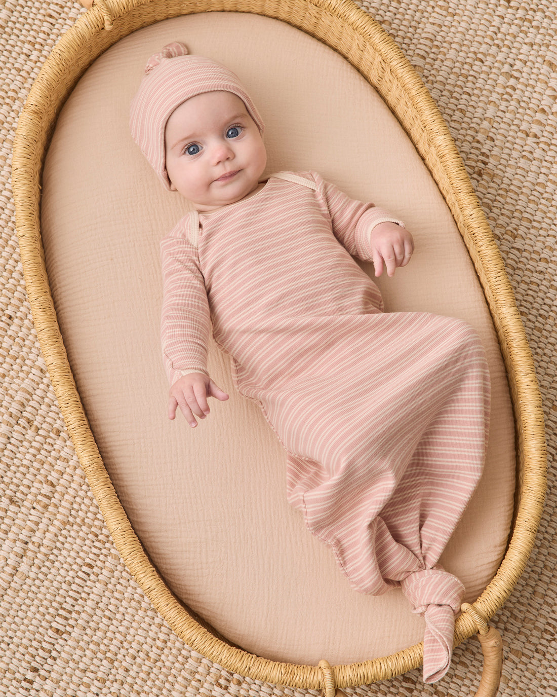 Quincy Mae Knotted Baby Gown + Hat Set - Dusty Rose Microstripe