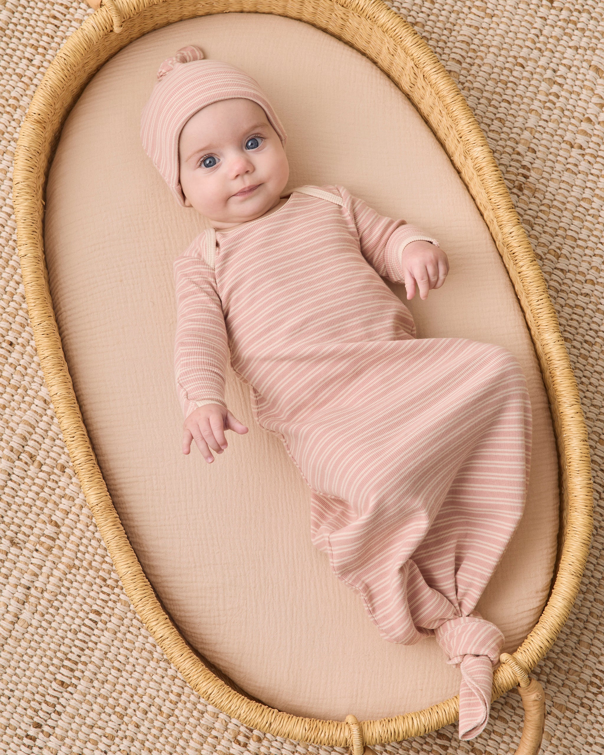 Quincy Mae Knotted Baby Gown + Hat Set - Dusty Rose Microstripe