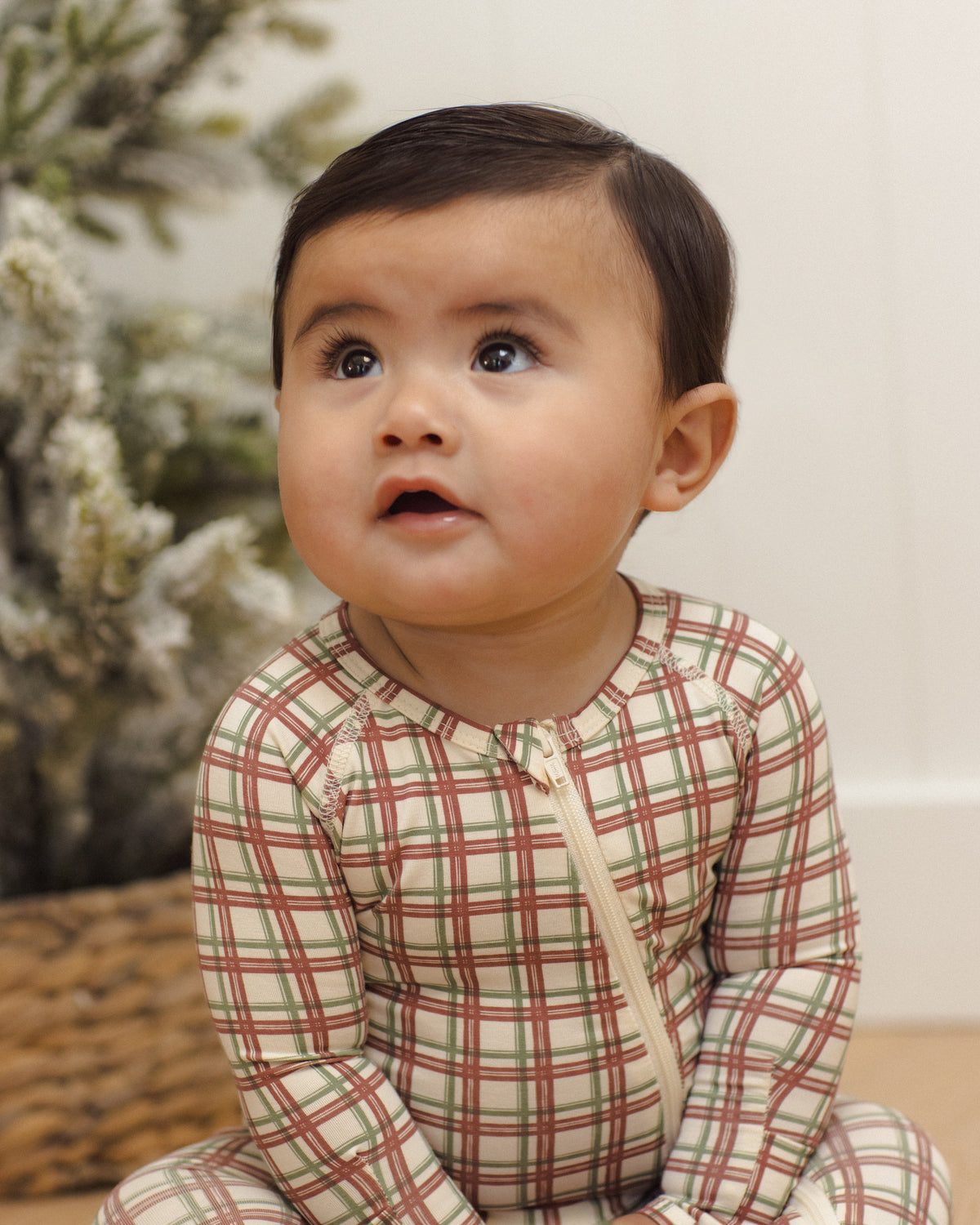Quincy Mae Bamboo Zip Footie - Redwood Check