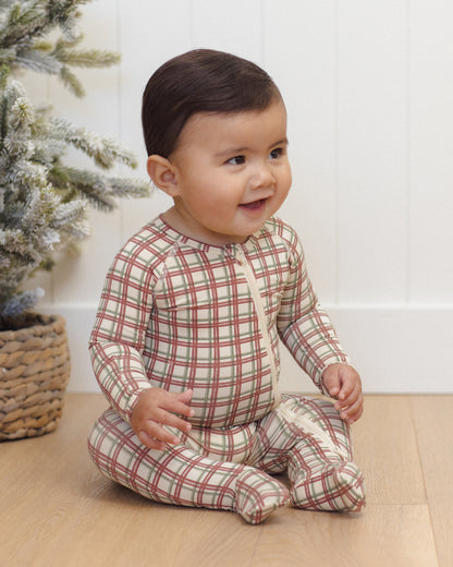 Quincy Mae Bamboo Zip Footie - Redwood Check