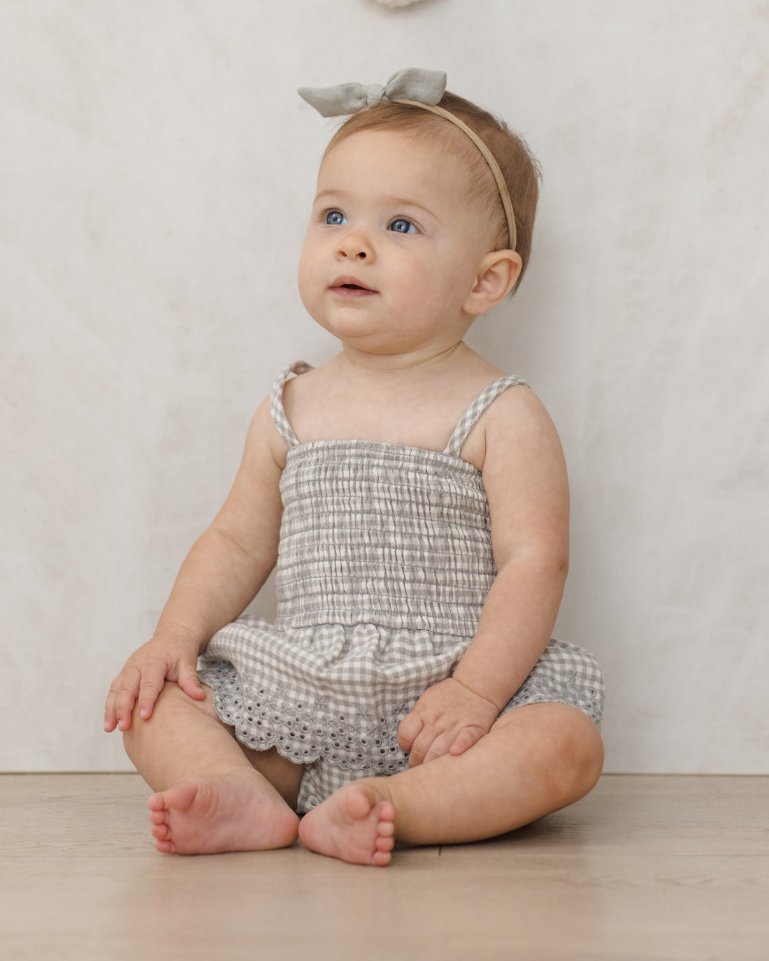 Quincy Mae Smocked Skirted Romper - Sage Gingham