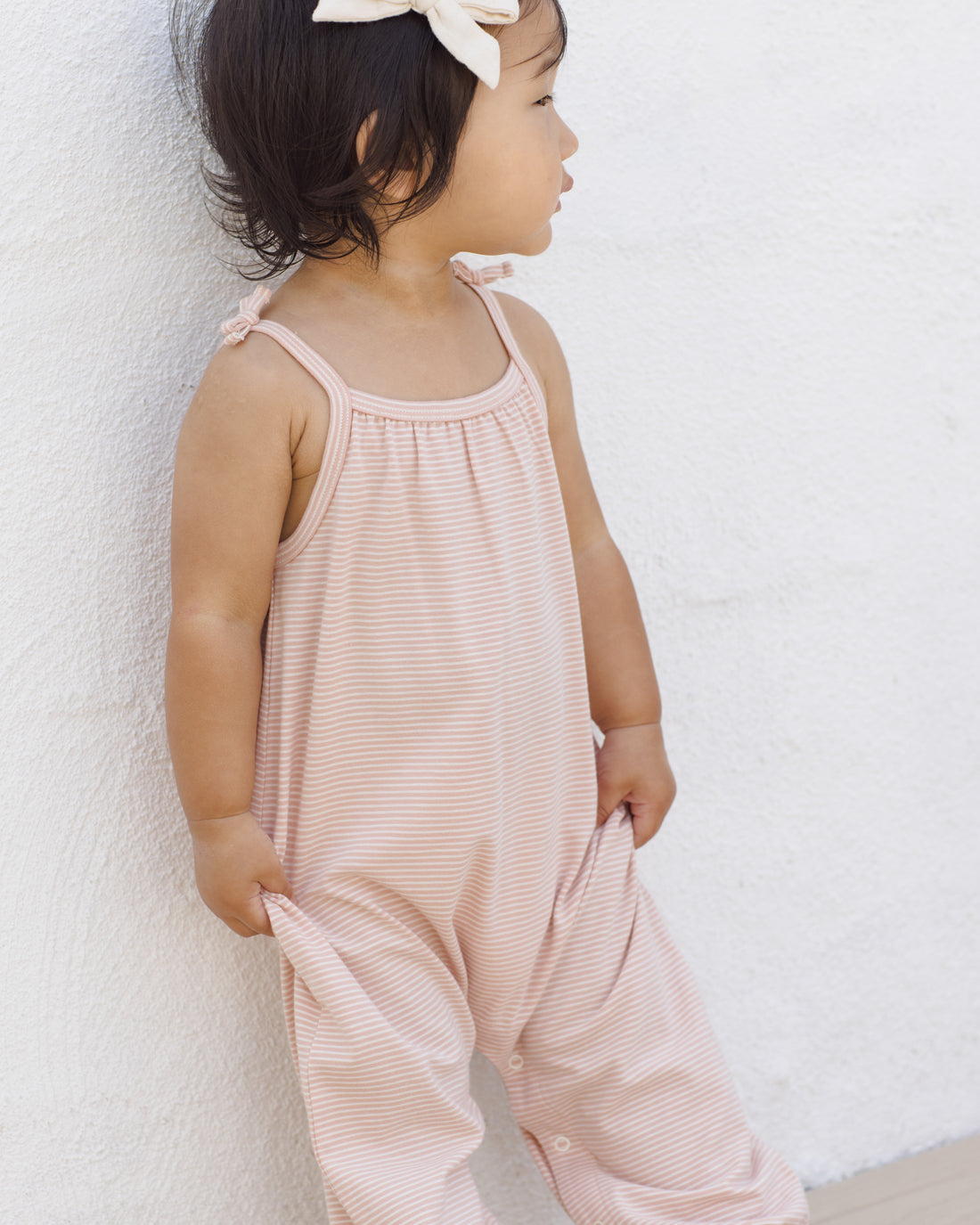 Quincy Mae Smocked Jumpsuit - Melon Micro Stripe