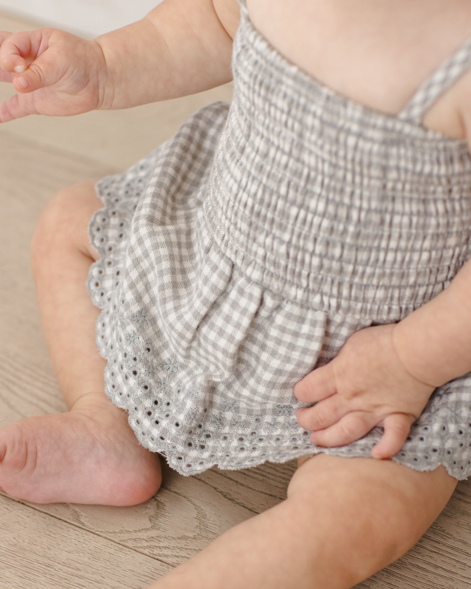 Quincy Mae Smocked Skirted Romper - Sage Gingham