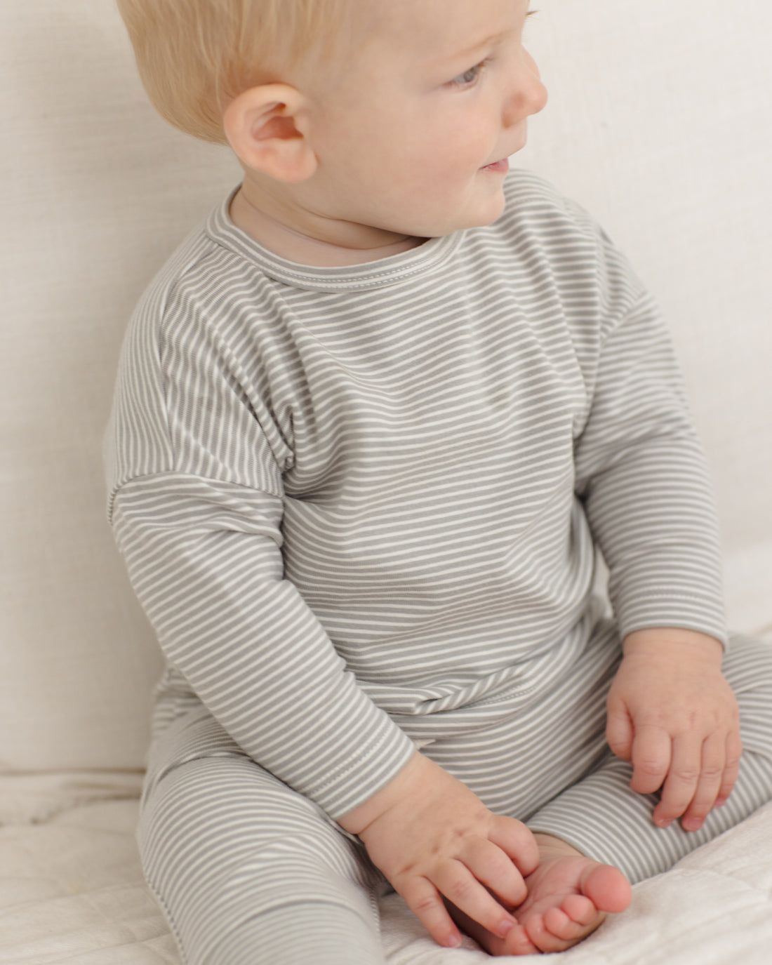 Quincy Mae Long Sleeve Tee - Sage Micro Stripe