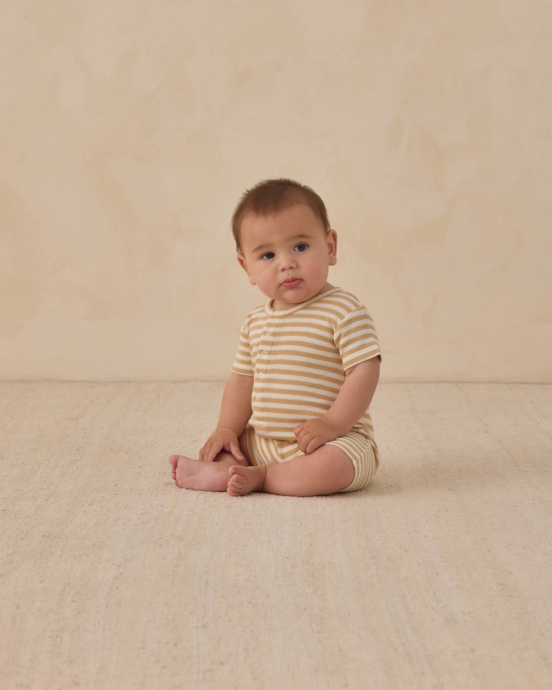 Quincy Mae Waffle Snap Romper - Butterscotch Stripe