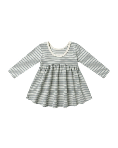 Quincy Mae Ribbed Long Sleeve Dress - Steel Blue Micro Stripe