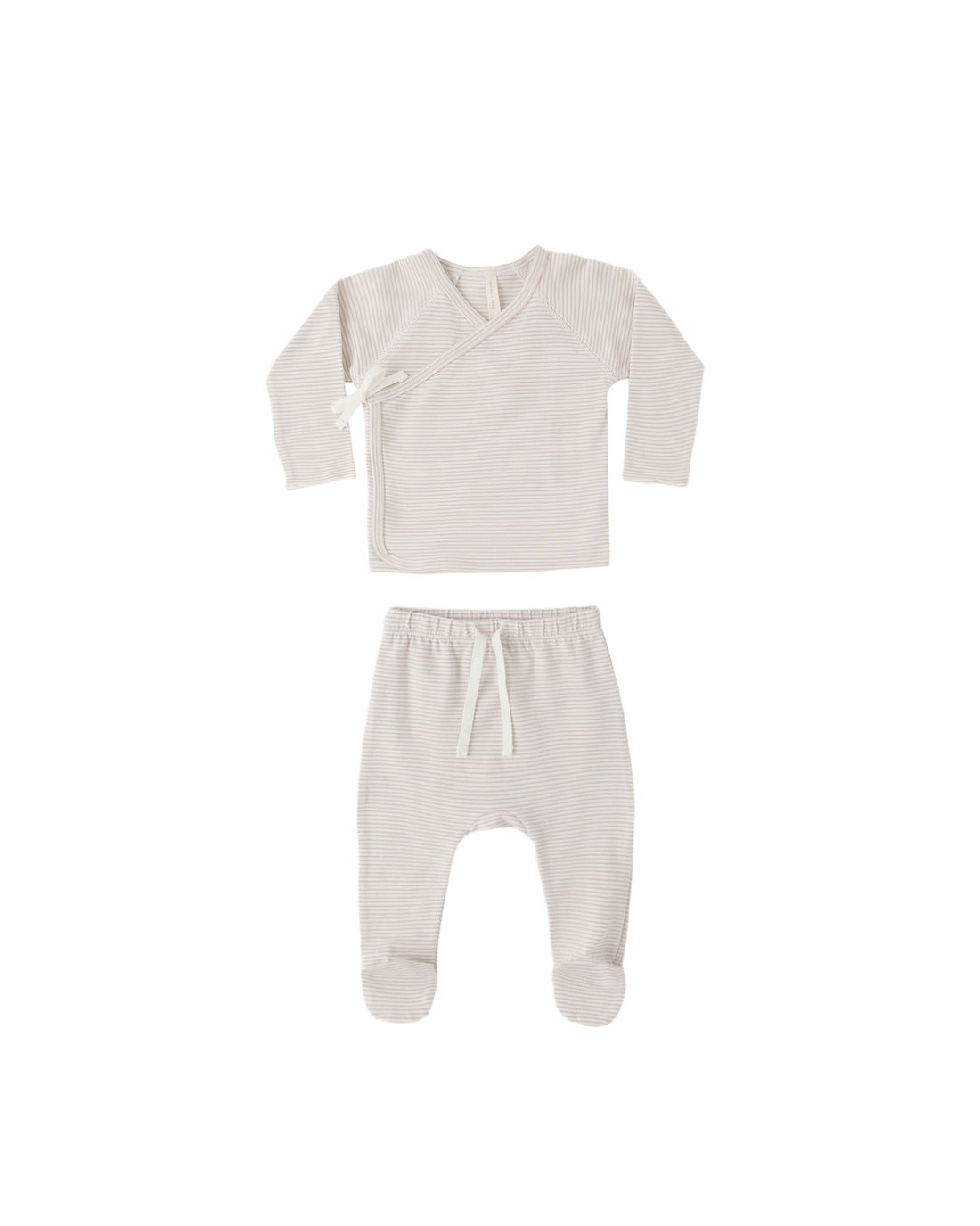 Quincy Mae Wrap Top + Footed Pant Set - Oat Micro Stripe