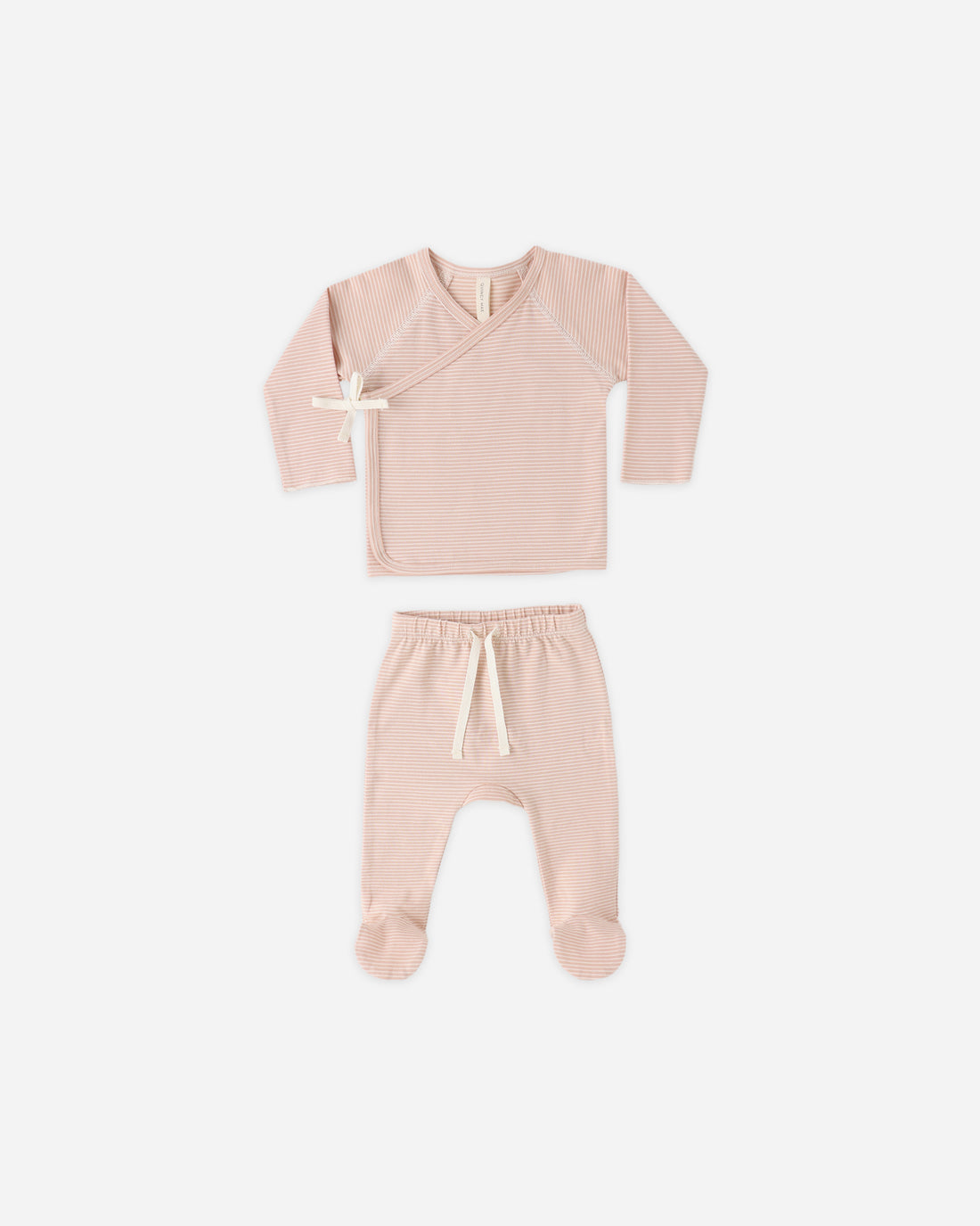 Quincy Mae Wrap Top + Footed Pant Set - Melon Micro Stripe
