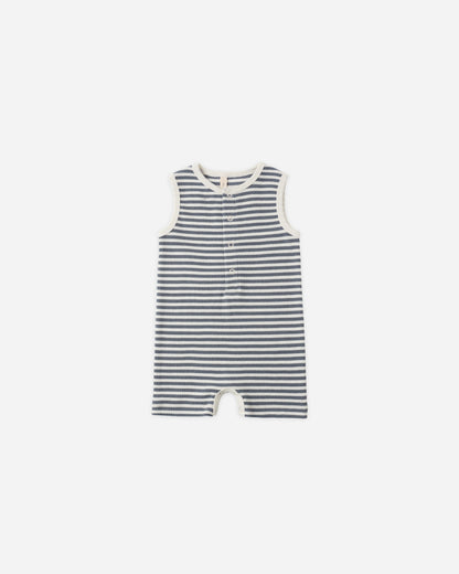 Quincy Mae Ribbed Henley Romper - Ocean Stripe