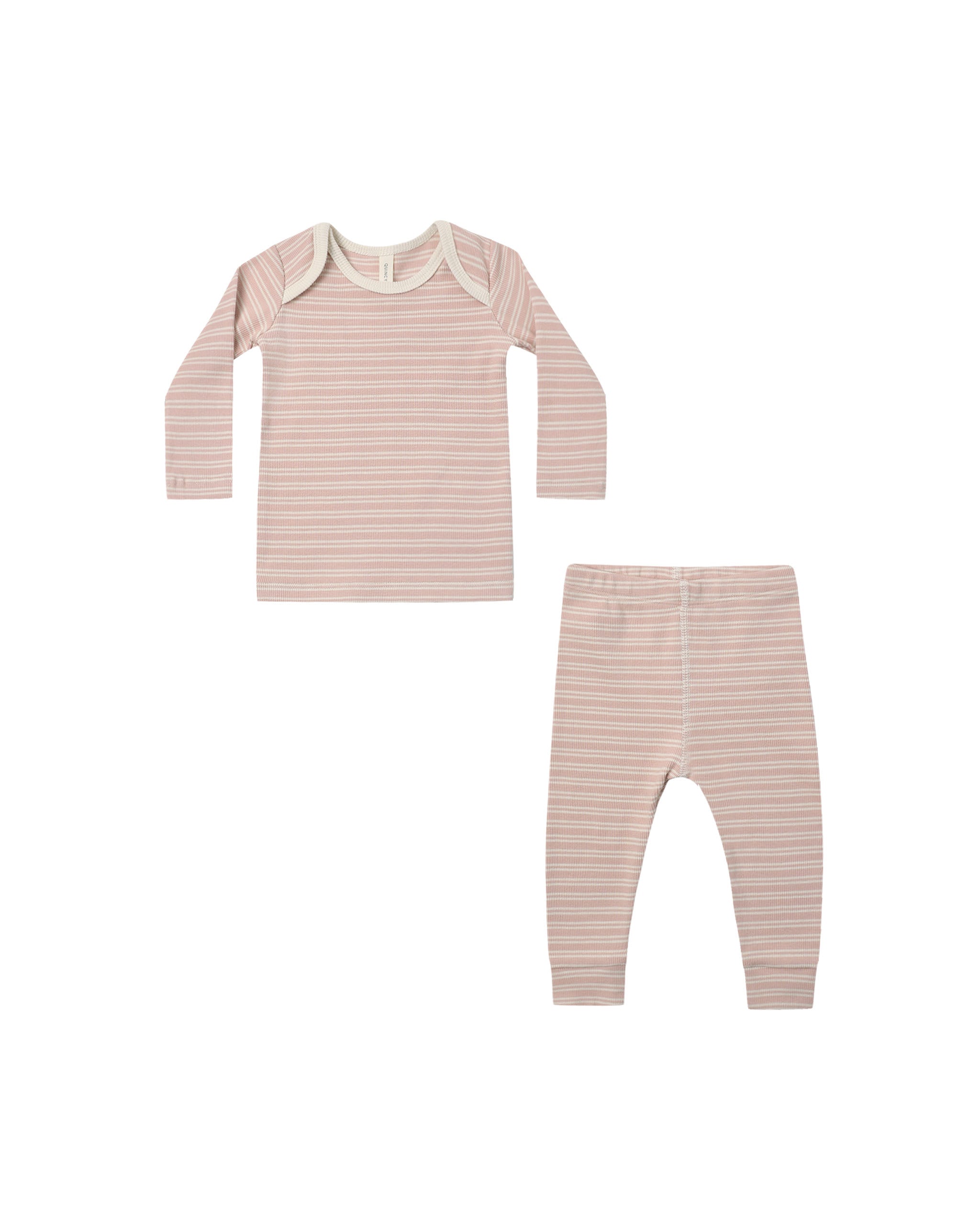 Quincy Mae Ribbed Tee + Legging Set - Dusty Rose Microstripe