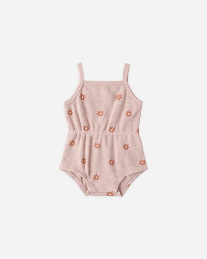 Quincy Mae Waffle Cinch Romper - Pink Daisy