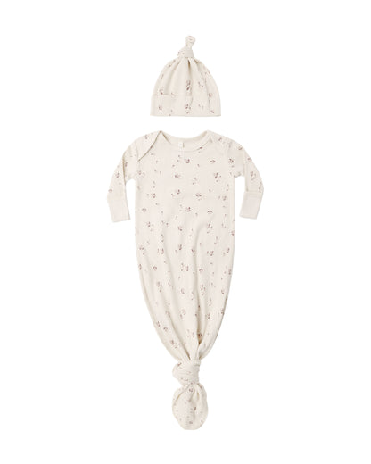 Quincy Mae Knotted Baby Gown + Hat Set - Fall Ditsy
