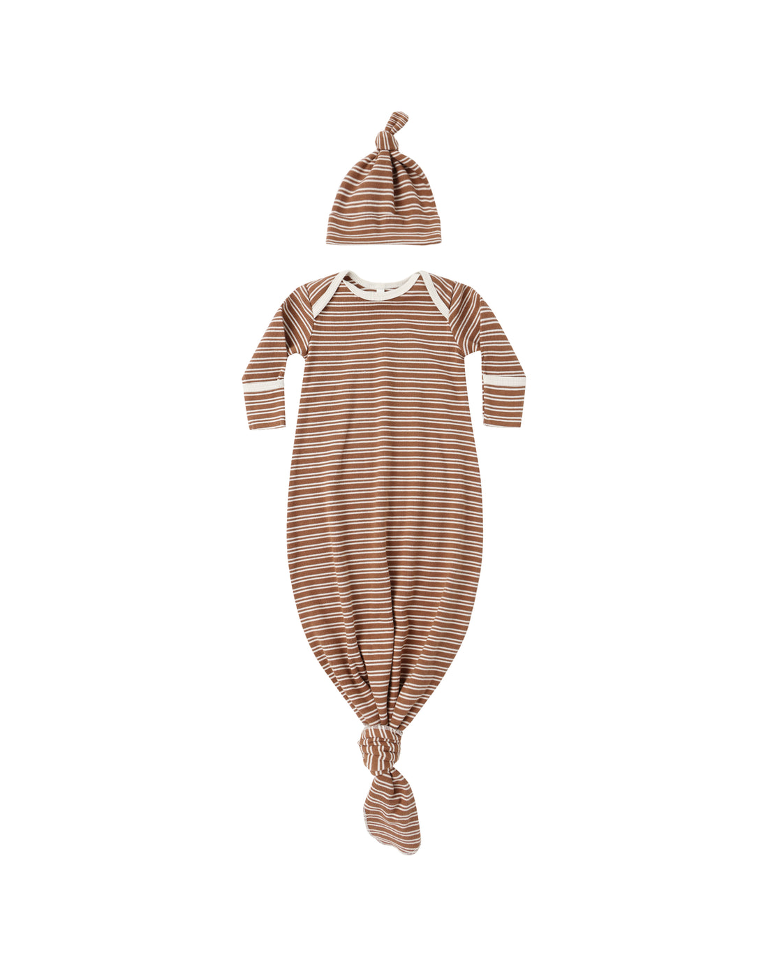 Quincy Mae Knotted Baby Gown + Hat Set - Cedar Micro Stripe