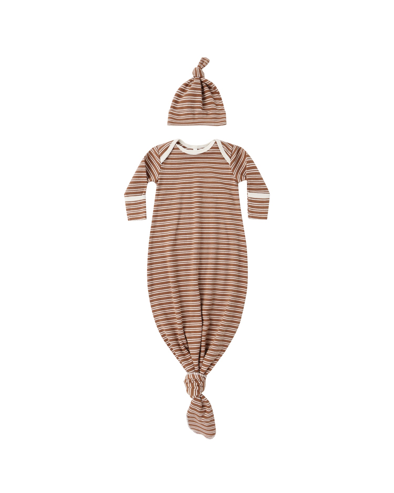 Quincy Mae Knotted Baby Gown + Hat Set - Cedar Micro Stripe