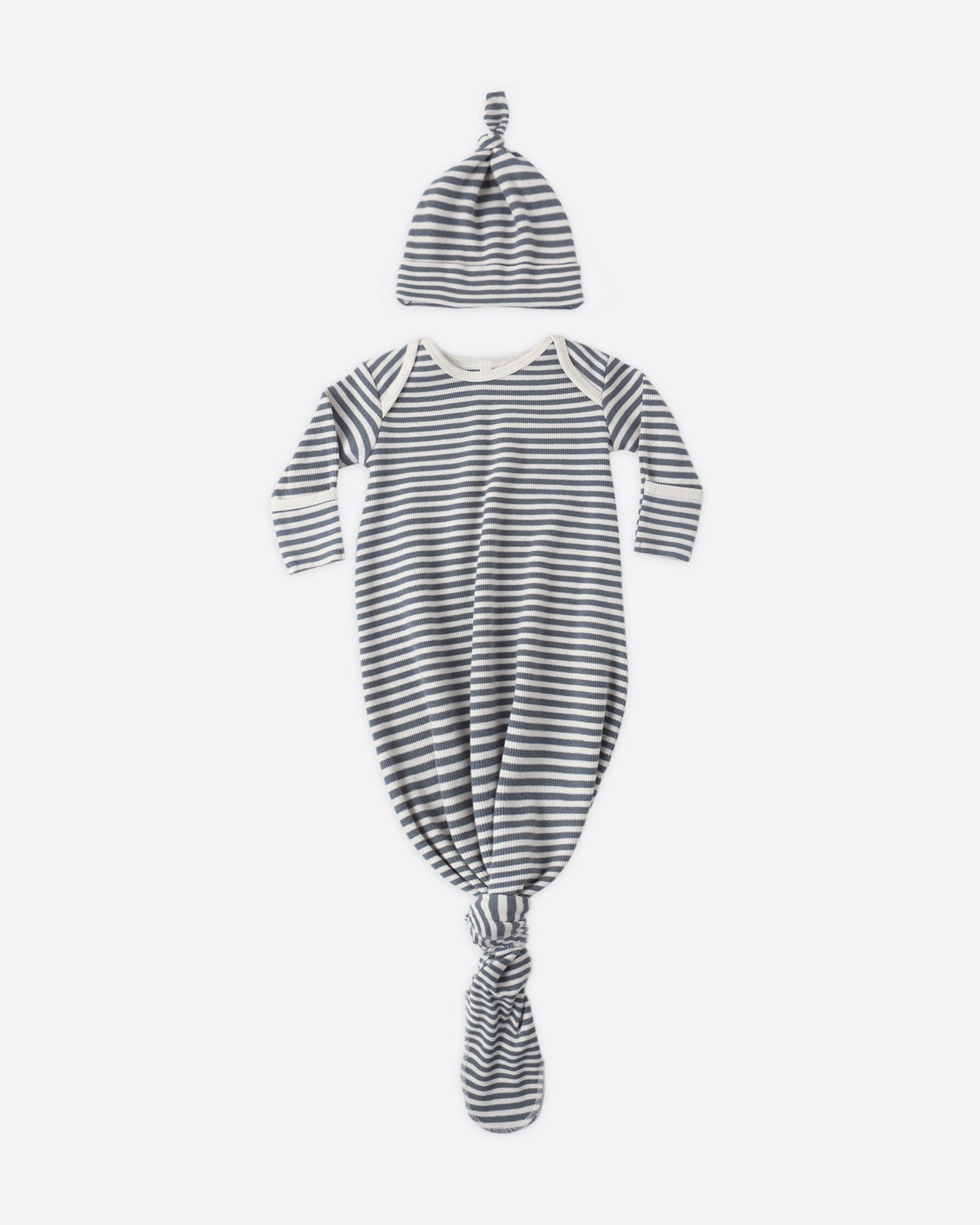 Quincy Mae Knotted Baby Gown + Hat Set - Ocean Stripe