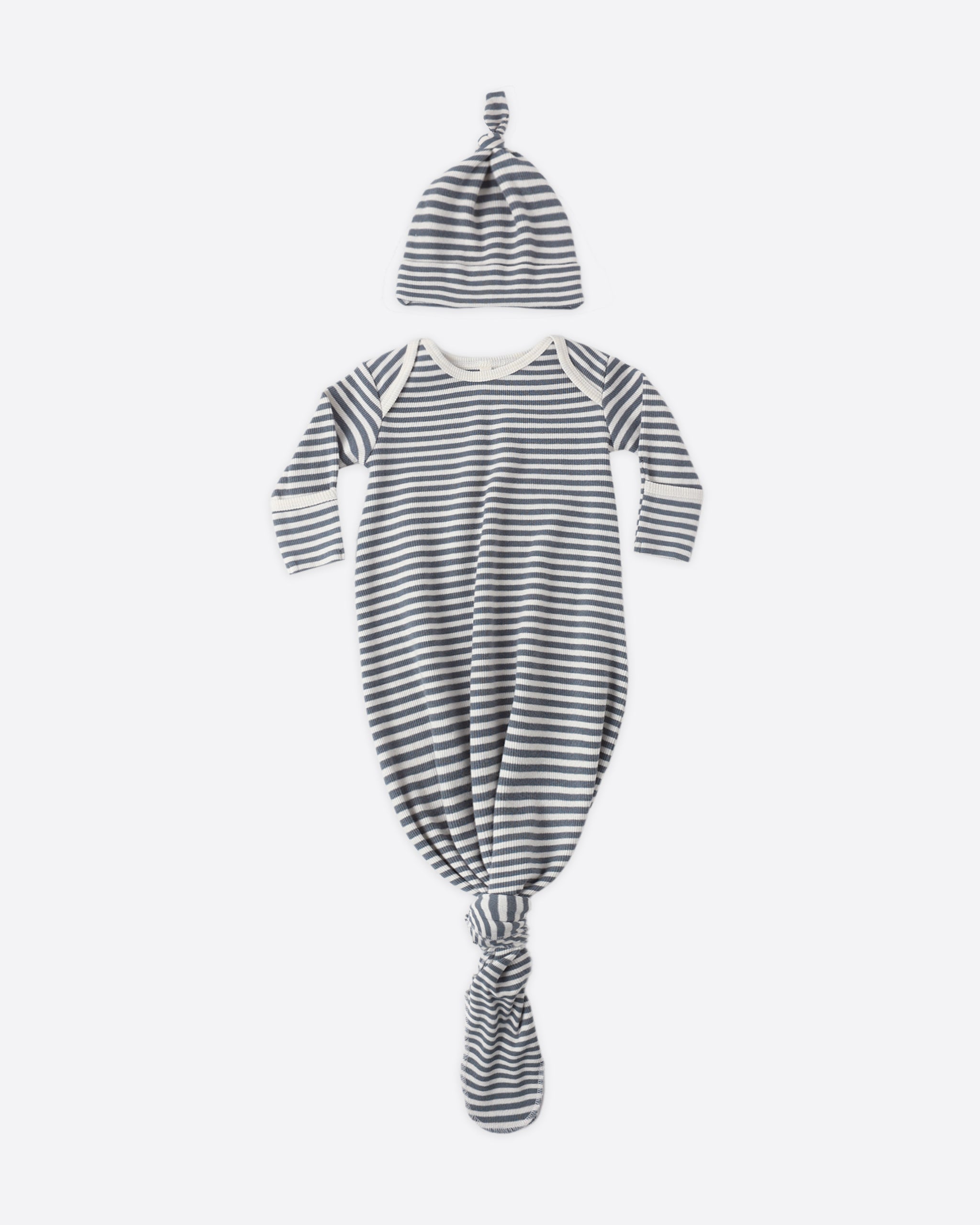 Quincy Mae Knotted Baby Gown + Hat Set - Ocean Stripe