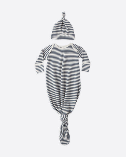 Quincy Mae Knotted Baby Gown + Hat Set - Ocean Stripe