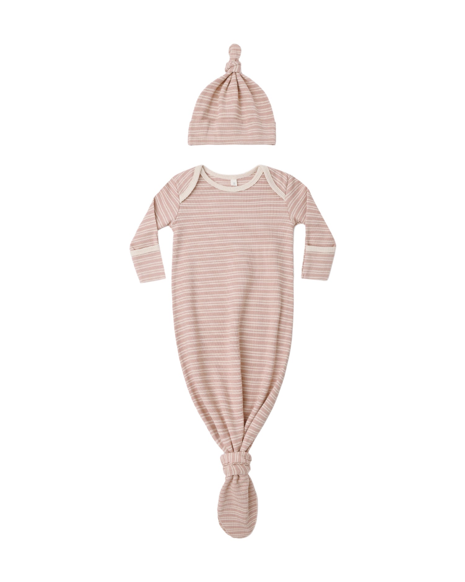 Quincy Mae Knotted Baby Gown + Hat Set - Dusty Rose Microstripe