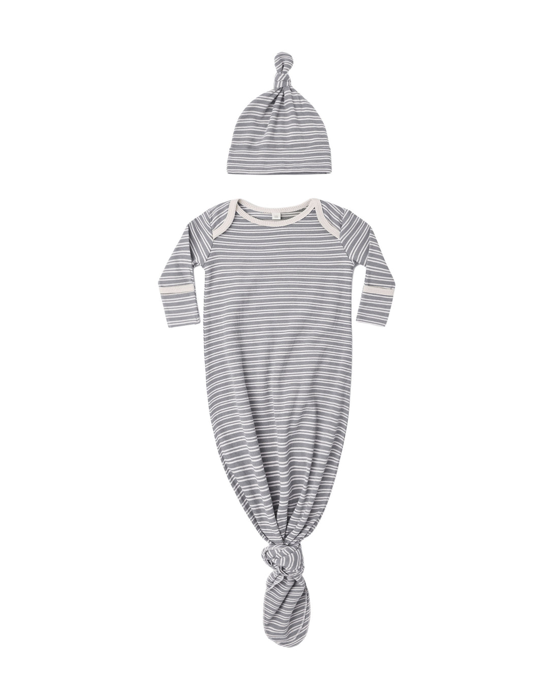 Quincy Mae Knotted Baby Gown + Hat Set - Slate Microstripe