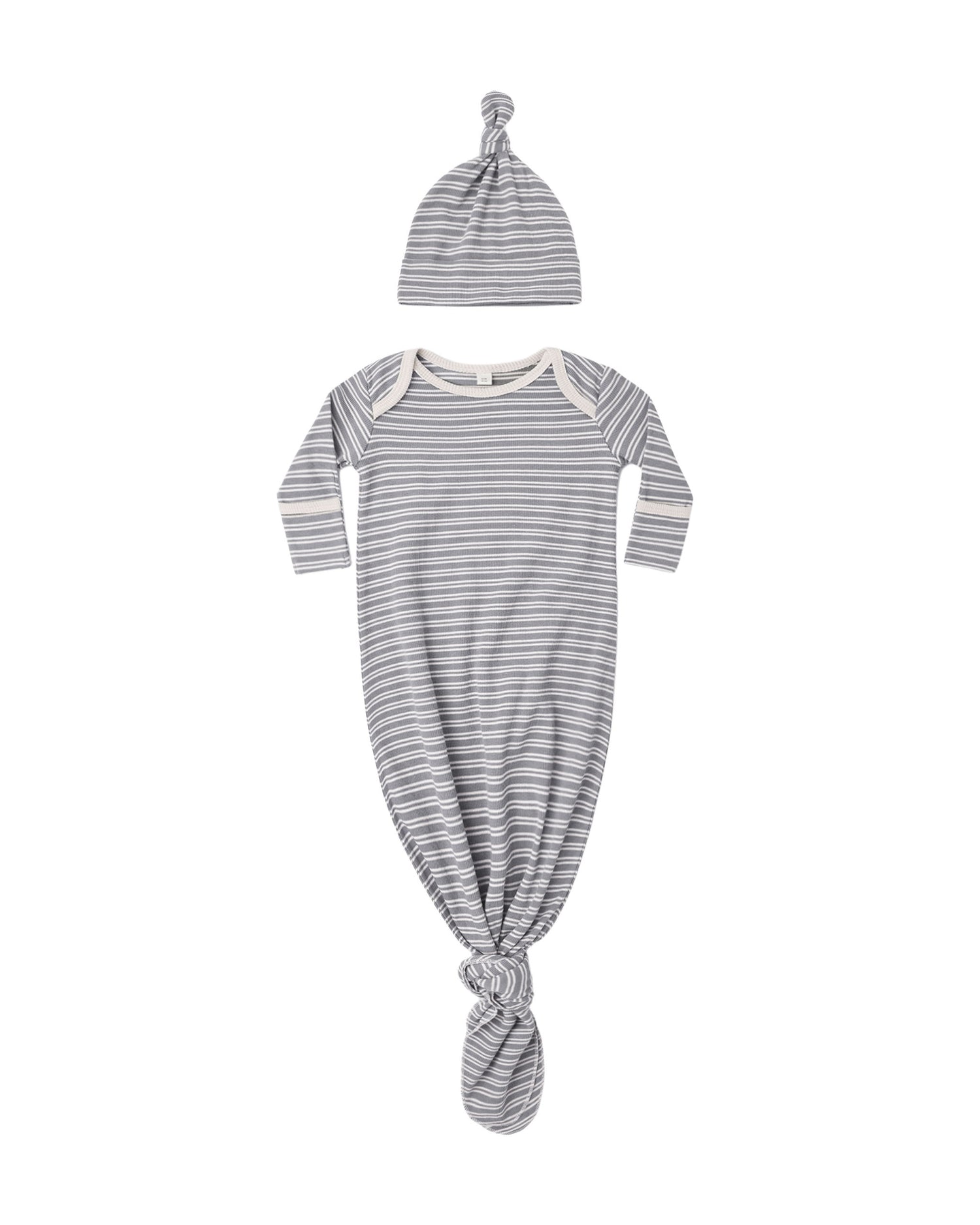 Quincy Mae Knotted Baby Gown + Hat Set - Slate Microstripe