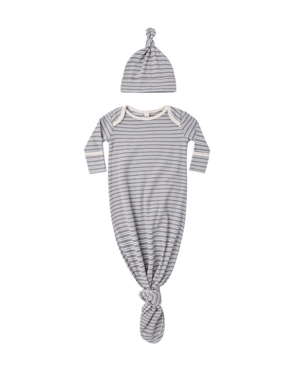 Quincy Mae Knotted Baby Gown + Hat Set - Slate Microstripe
