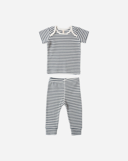 Quincy Mae Ribbed Short Sleeve Tee + Legging Set - Ocean Stripe