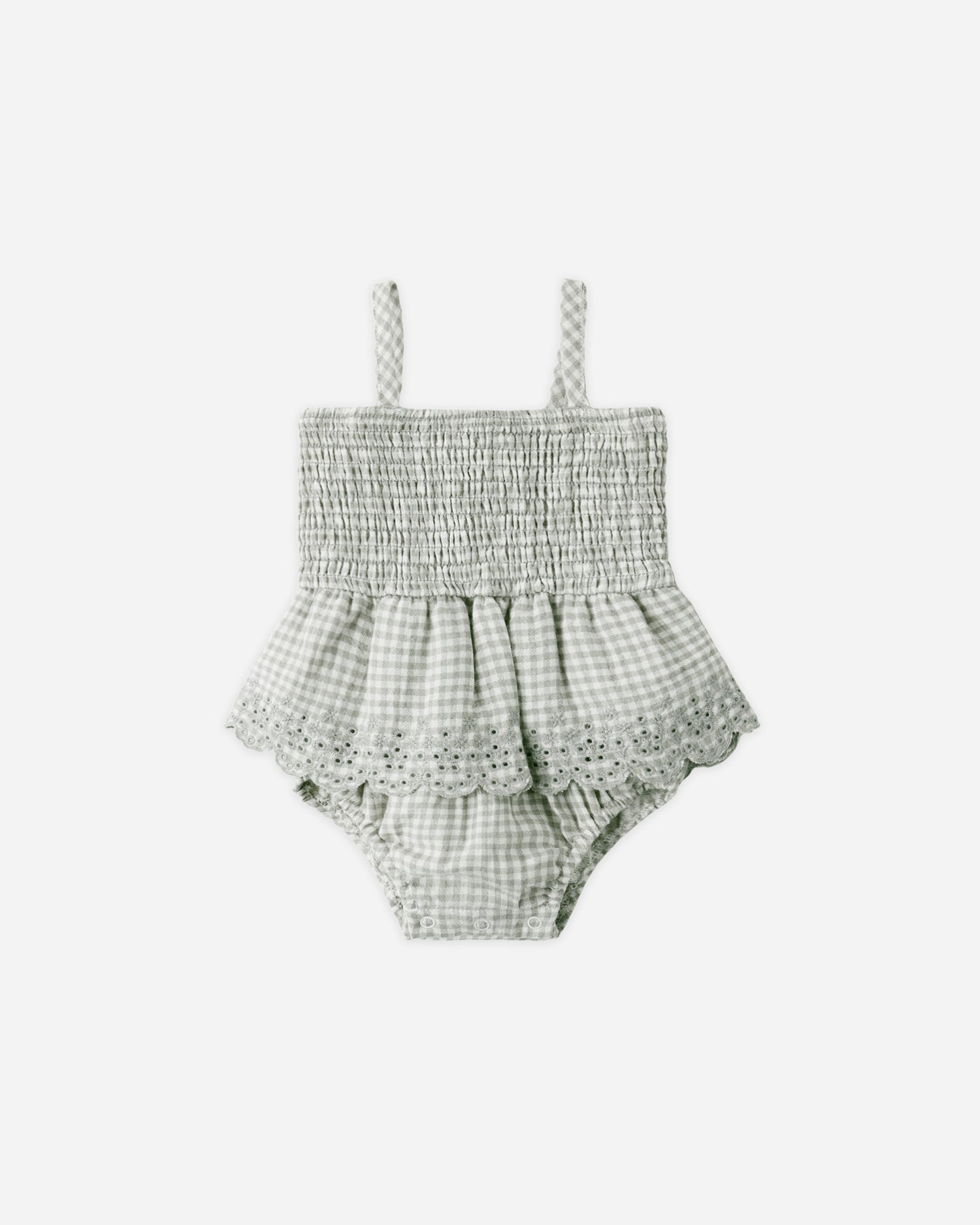 Quincy Mae Smocked Skirted Romper - Sage Gingham