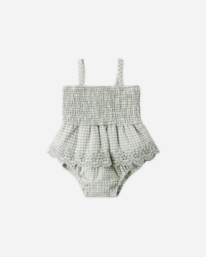 Quincy Mae Smocked Skirted Romper - Sage Gingham