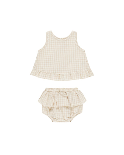 Quincy Mae Ruffled Tulip Top + Bloomer Set - Oat Check