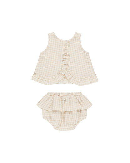 Quincy Mae Ruffled Tulip Top + Bloomer Set - Oat Check