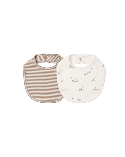 Quincy Mae Jersey Snap Bib, 2 Pack - Bunnies, Almond Stripe