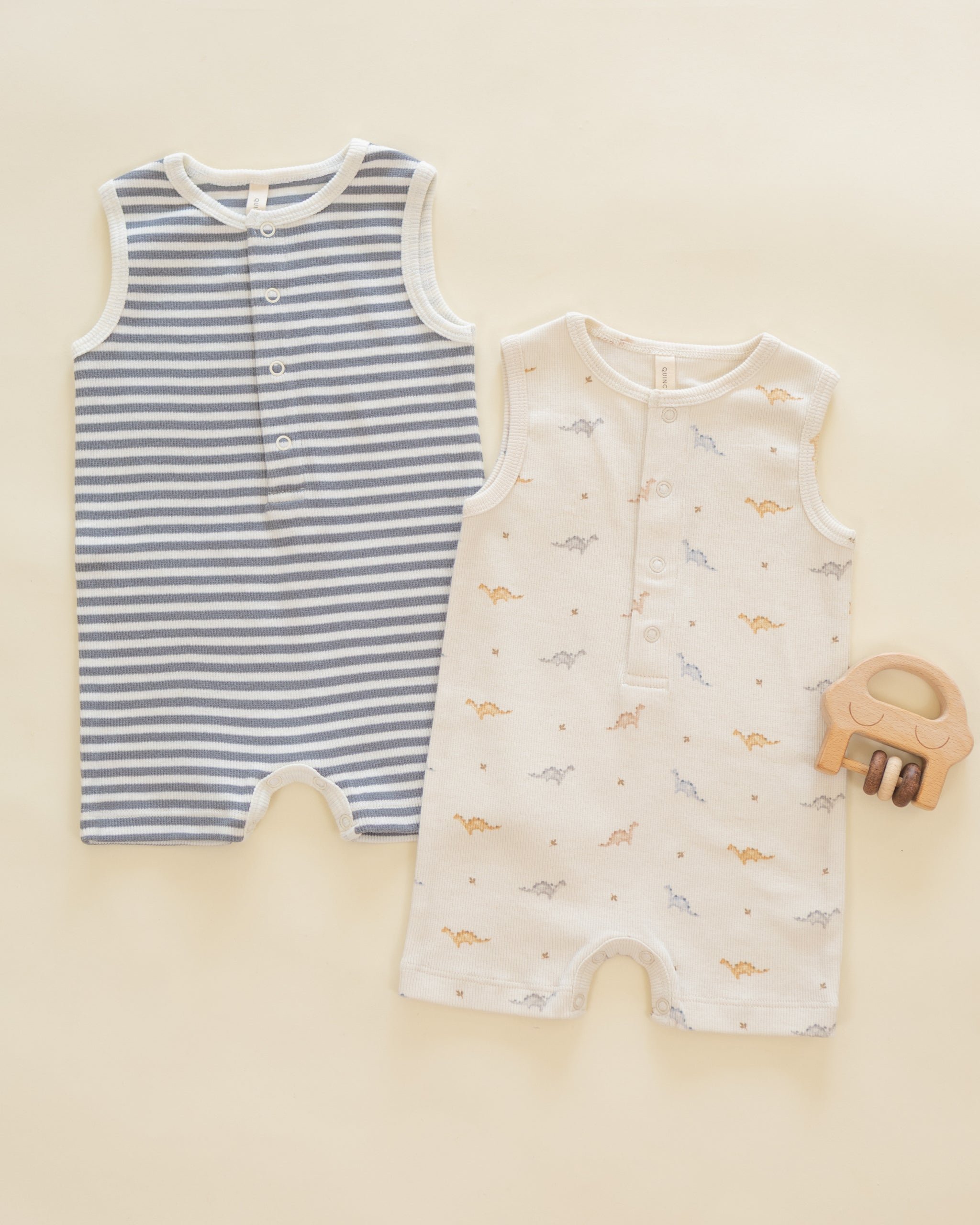 Quincy Mae Ribbed Henley Romper - Dinos