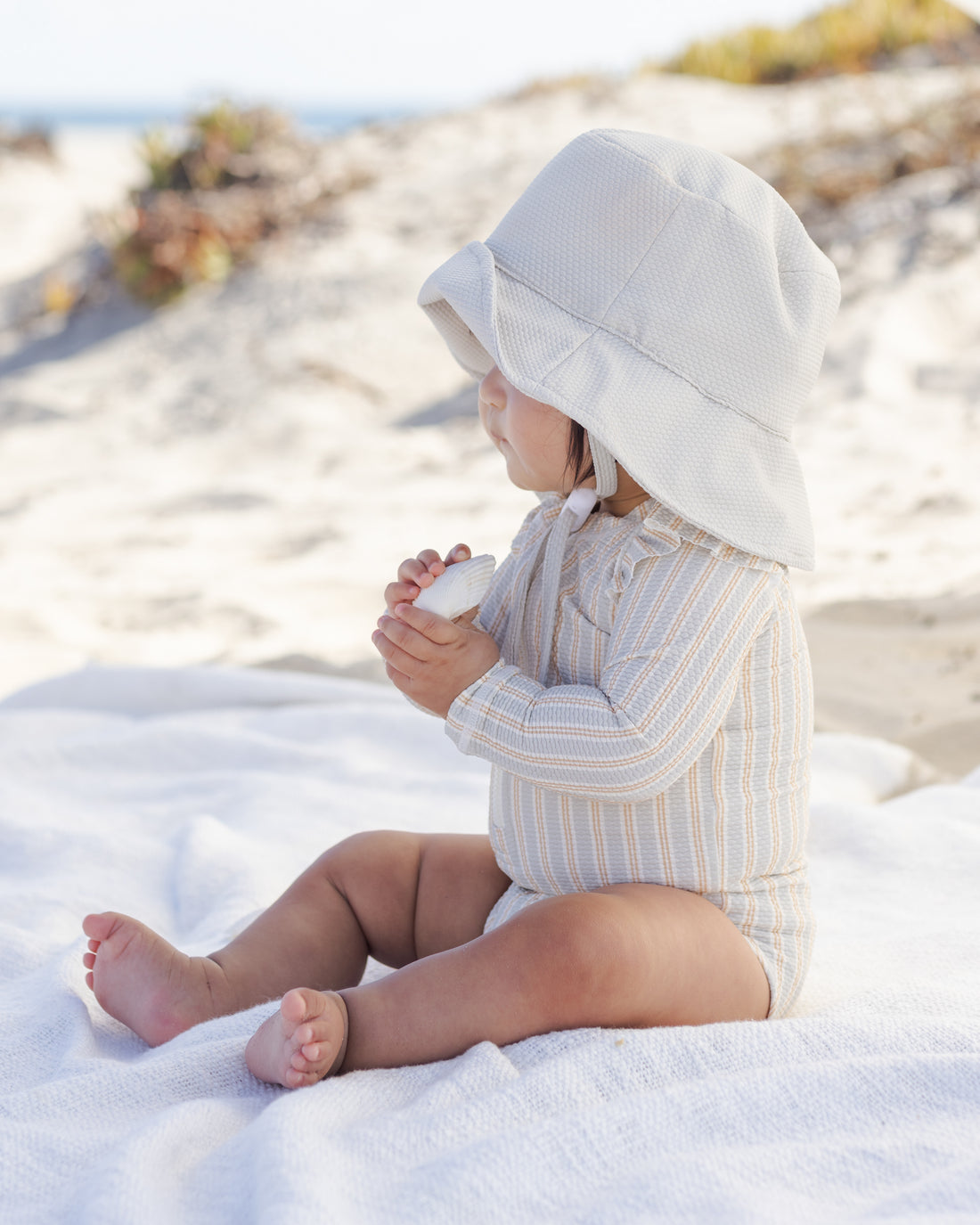 Quincy Mae Byron Rashguard One-Piece - Blue+Butterscotch Stripe