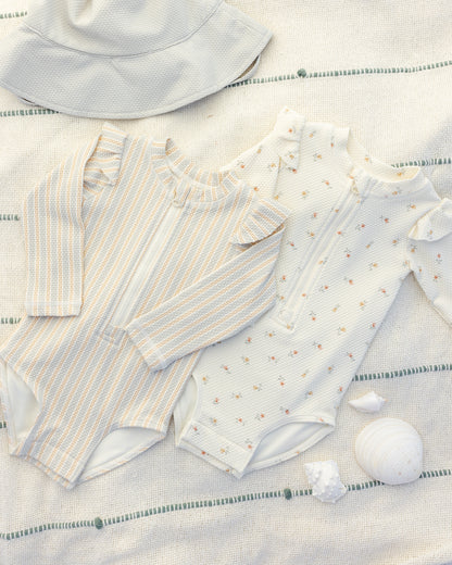 Quincy Mae Byron Rashguard One-Piece - Blue+Butterscotch Stripe