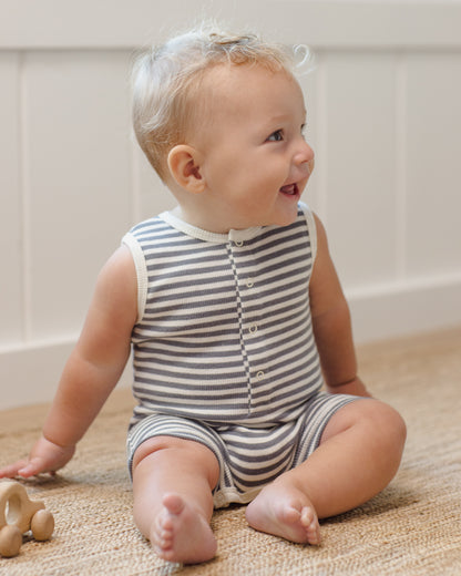 Quincy Mae Ribbed Henley Romper - Ocean Stripe