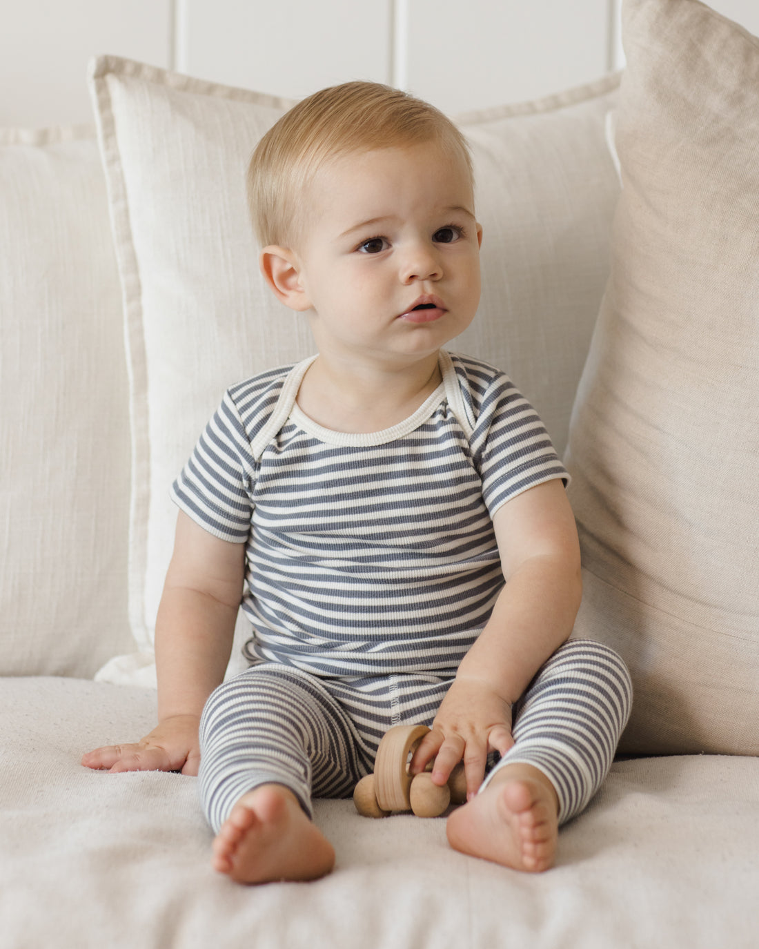 Quincy Mae Ribbed Short Sleeve Tee + Legging Set - Ocean Stripe