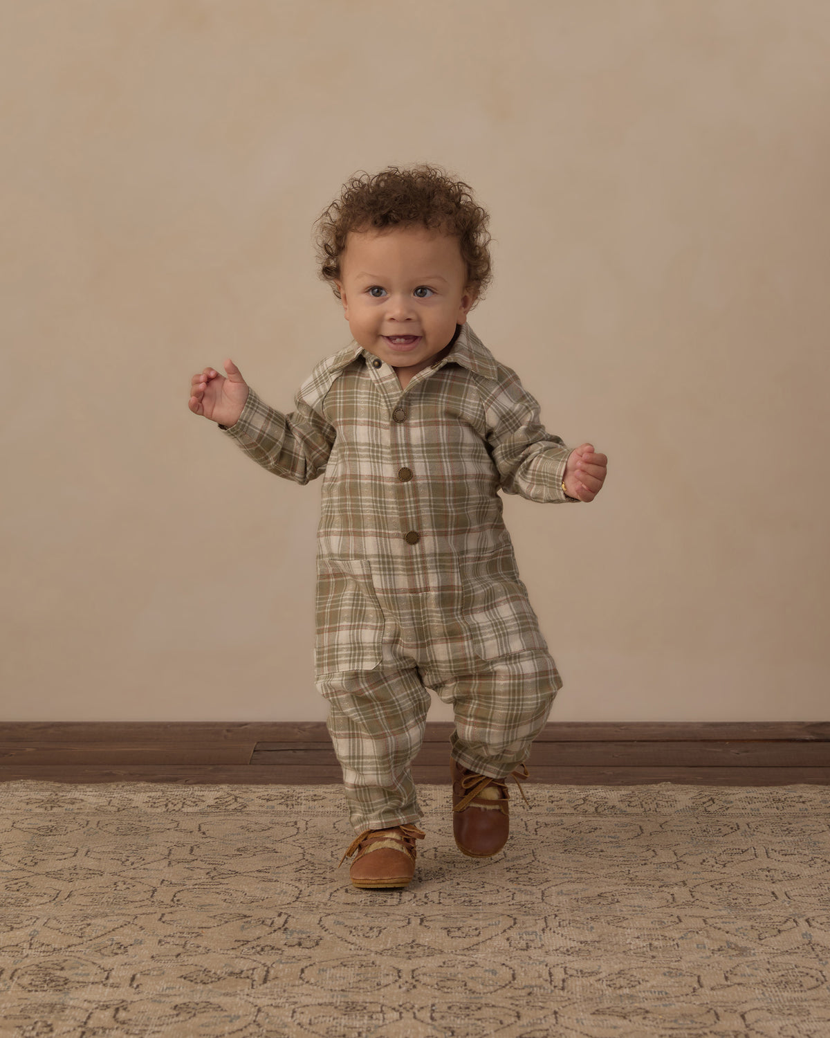Rylee + Cru Collared Baby Jumpsuit - Olive Dobby Plaid