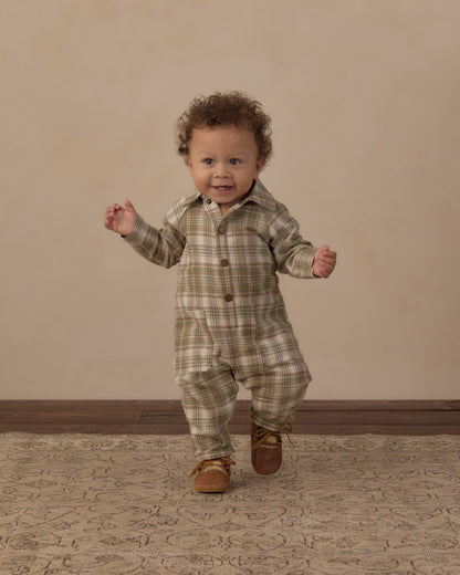 Rylee + Cru Collared Baby Jumpsuit - Olive Dobby Plaid