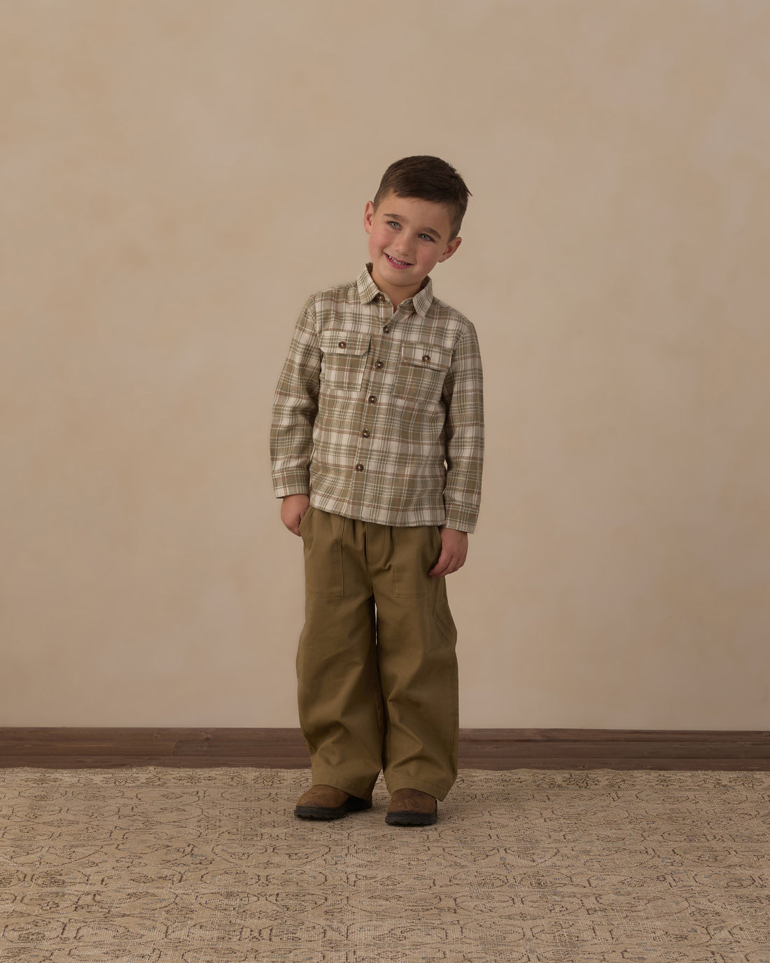 Rylee + Cru Pocketed Corduroy Shirt - Olive Dobby Plaid
