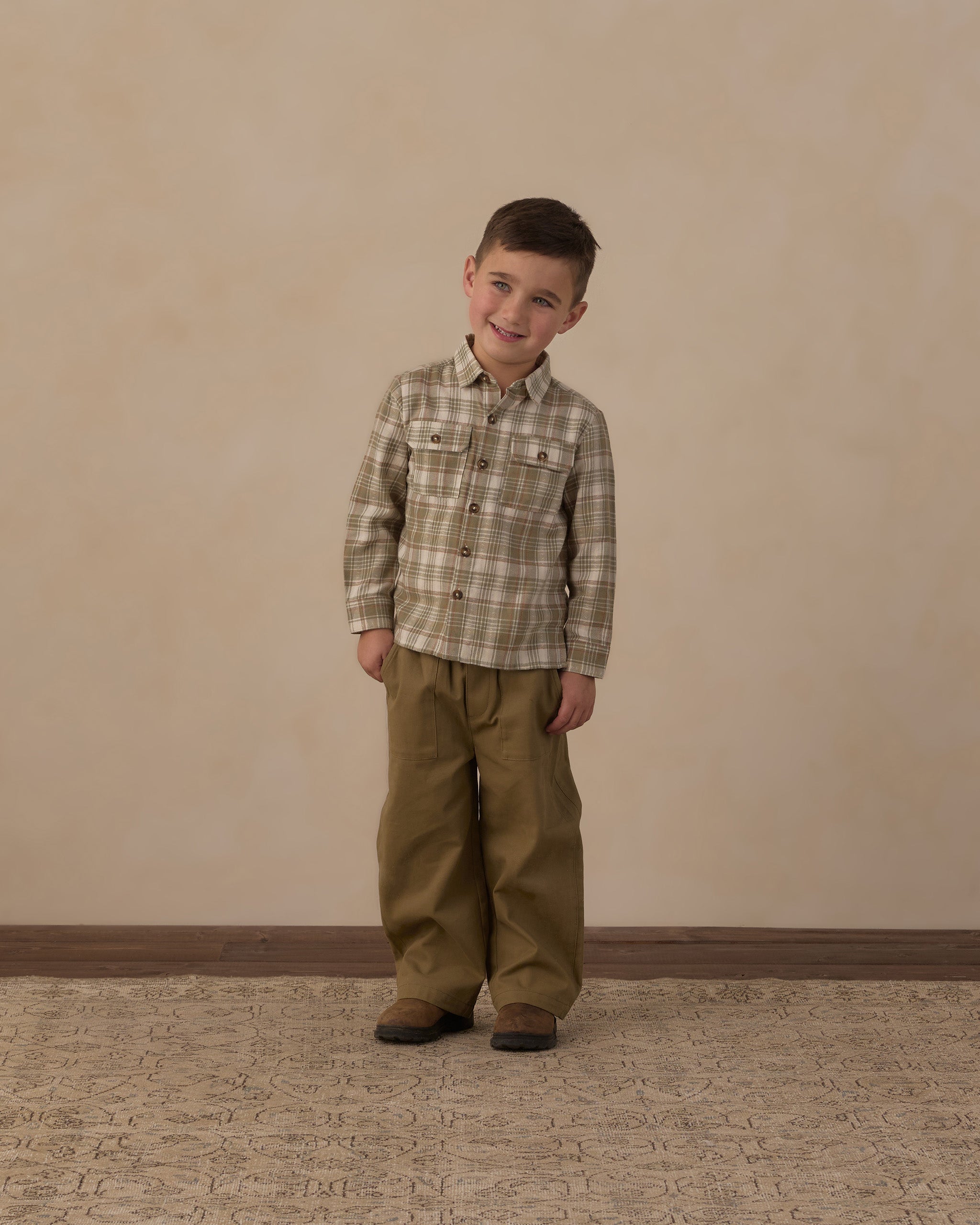 Rylee + Cru Pocketed Corduroy Shirt - Olive Dobby Plaid