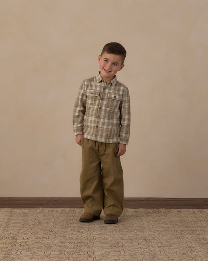 Rylee + Cru Pocketed Corduroy Shirt - Olive Dobby Plaid