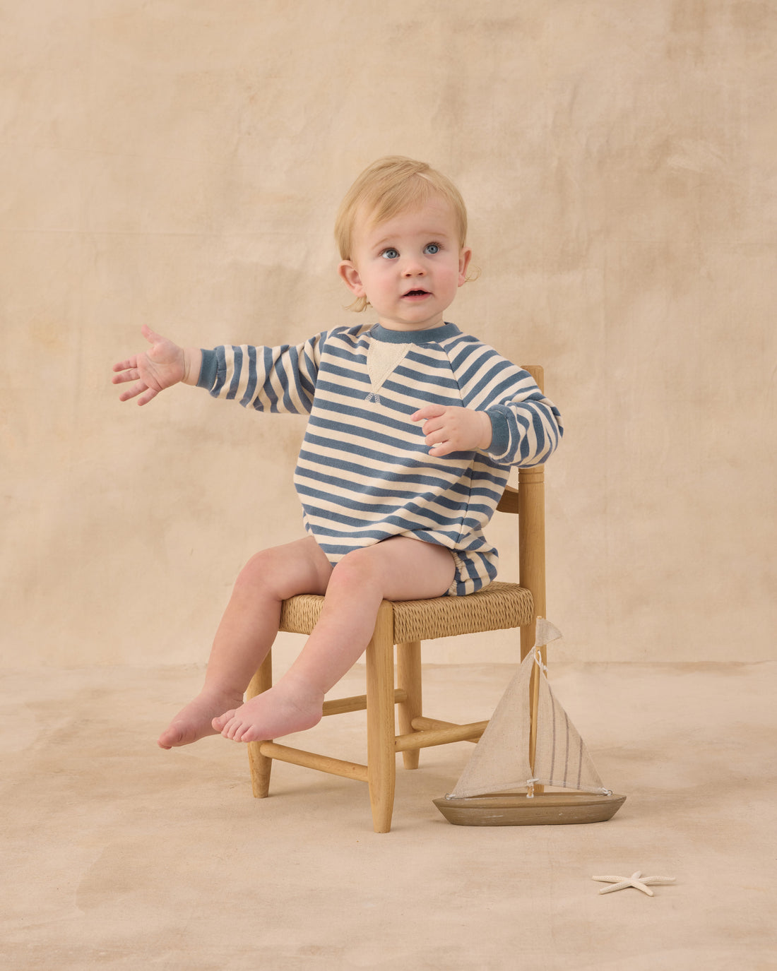 Rylee + Cru Crewneck Romper - Marine Stripe