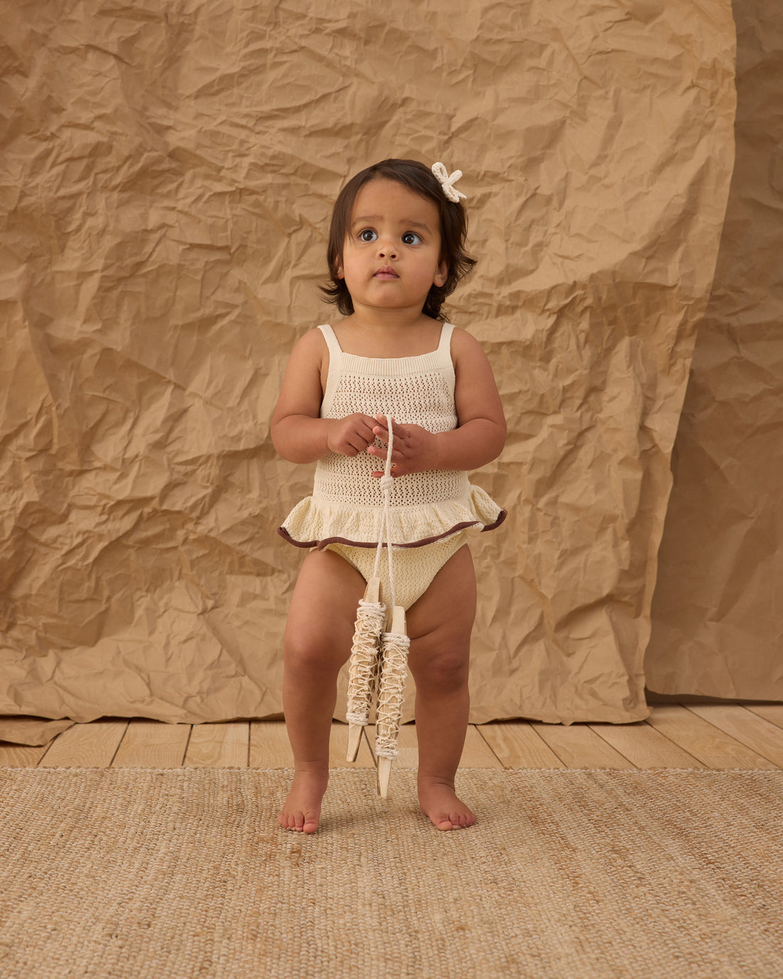 Rylee + Cru Crochet Ruffle Romper - Natural