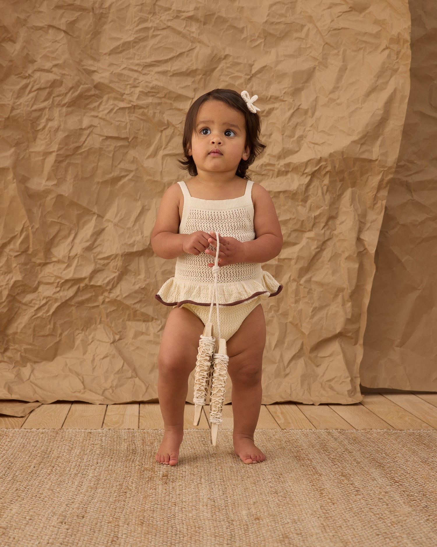 Rylee + Cru Crochet Ruffle Romper - Natural