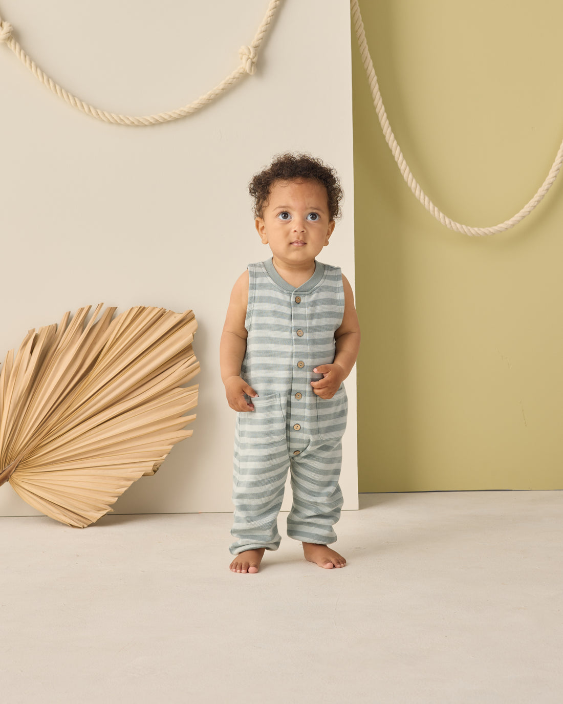 Rylee + Cru Summer Waffle Jumpsuit - Sea Green Stripe
